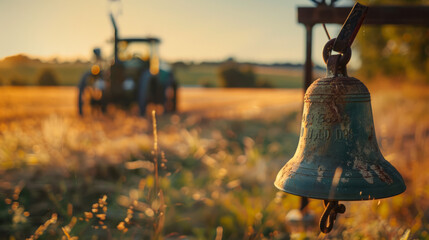Close-up of an old farm bell with a soft focus farm landscape in the background