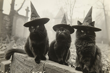black and white vintage horror photo of three black cats wearing witch hats sitting on a tombstone, Halloween concept.