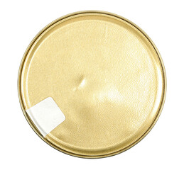 Tin can closed with golden aluminum foil pull isolated on white, top view 