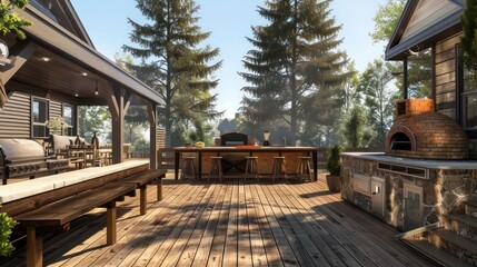 Fototapeta premium suburban farmhouse with a large wooden deck featuring an outdoor kitchen, complete with a pizza oven and bar seating