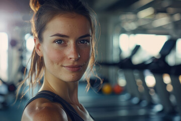 Portrait of a female fitness trainer in a gym, standing by exercise equipment and smiling at the camera