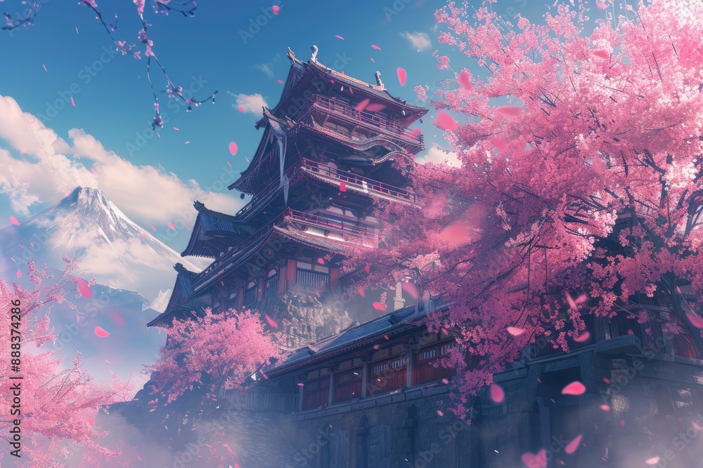 Aufkleber a large building with a tower on top of it, pink cherry blossom tree with an ancient Japanese castle in the background