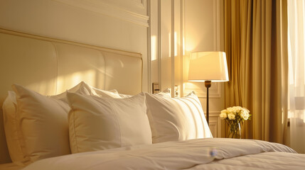 A stylish table lamp illuminates a cherry wood bedroom, featuring a white-yellow wall and soft white bedding. The elegant decor creates a warm and inviting ambiance, perfect for a villa, hotel, 