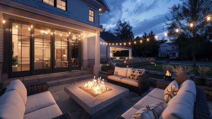 suburban farmhouse featuring a large back patio with a built-in fire pit, surrounded by cozy seating and string lights hanging above