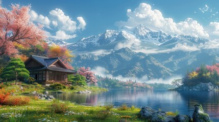 Fototapeta premium Tranquil Mountain Lake with Japanese House