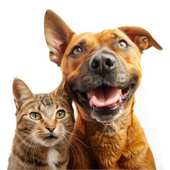 Obraz premium Portrait of Happy dog and cat looking at the camera together isolated on white background, friendship between dog and cat, amazing friendliness of the pets