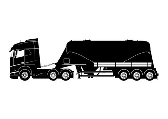 Cab over semi tractor with dry bulk trailer. Silhouette of truck with three axle powder tanker trailer. Vector.