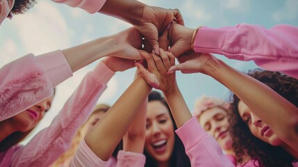 A group of diverse women join hands in unity, wearing pink outfits, celebrating camaraderie and support, representing empowerment and solidarity in an outdoor setting.