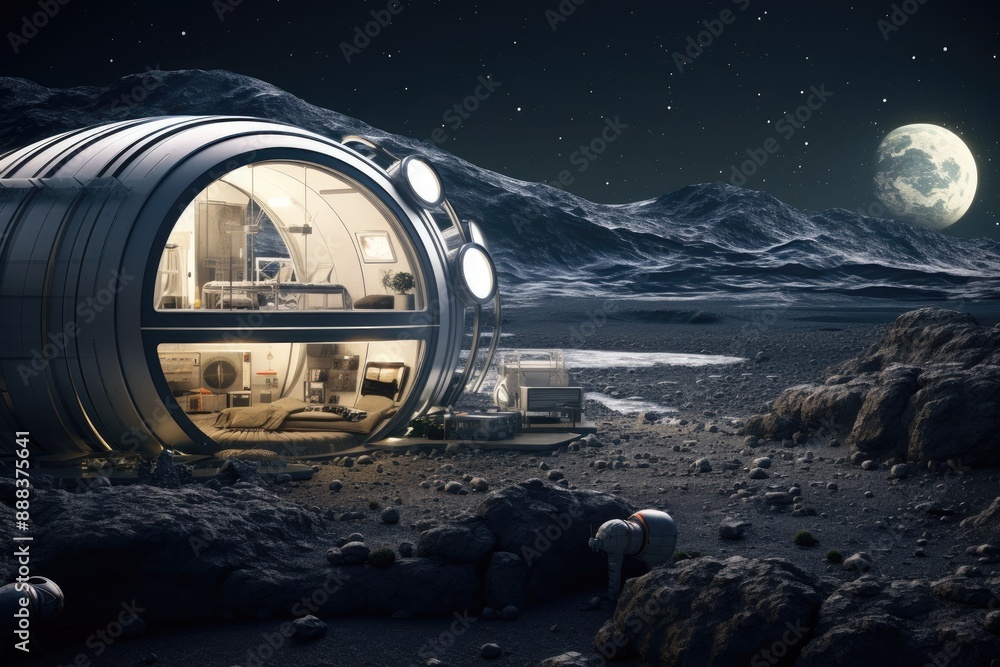 Poster a futuristic house on the moon with a view of the earth, self-sustaining lunar habitat for scientifi