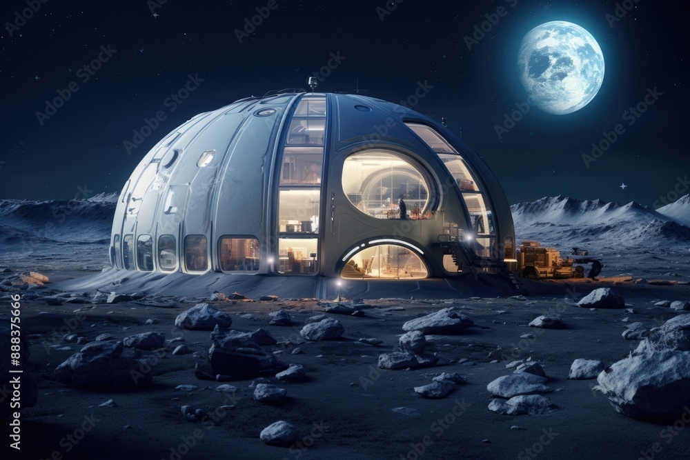 Poster a futuristic house on the moon with a view of the earth, self-sustaining lunar habitat for scientifi