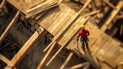 An overhead view of a construction worker wearing a yellow hard hat on a wooden framework, symbolizing hard work, perseverance, and the progress of construction projects.