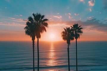 a painting of a sunset over the ocean, serene sunset over the ocean with palm trees in the foreground