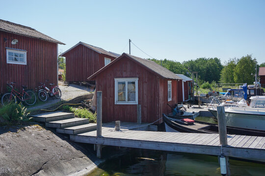 View of buildings at a small boat harbour
