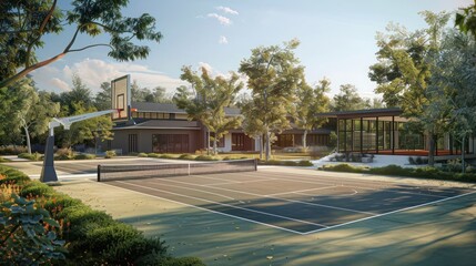 Naklejka premium modern suburban farmhouse with an outdoor sports court, including basketball and tennis areas, surrounded by landscaping that blends with the natural environment