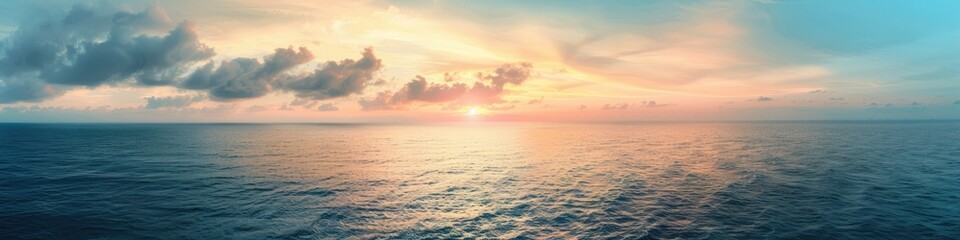 Fototapeta premium Sustainability Ocean. Wide Aerial Panorama of Sunset Over Bay with Minimalistic Seascape