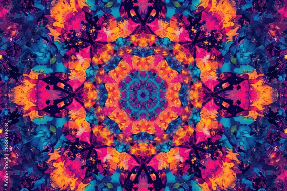 Poster a blue and orange flower pattern on a black background, symmetrical abstract pattern with repeating 