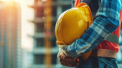An individual clad in safety wear holds securely a yellow construction helmet at an active work site, representing vigilance and commitment to safety protocols in industrial environments.