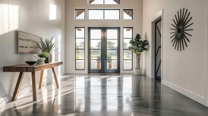modern suburban farmhouse entryway with polished concrete floors, a high ceiling, and a striking wooden console table