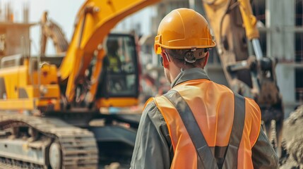 A construction worker clad in an orange safety vest and a yellow helmet is observing a construction site, with a bright orange excavator in the background in focus.