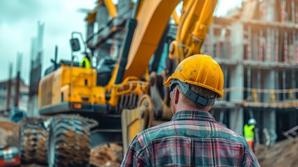 A construction worker wearing a yellow helmet and plaid shirt stands attentively, overseeing the operations at a busy construction site with a yellow excavator in the background.
