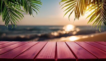 top of wood table with seascape and palm leaves blur bokeh light of calm sea and sky at tropical beach background empty ready for your product display montage summer vacation background concept