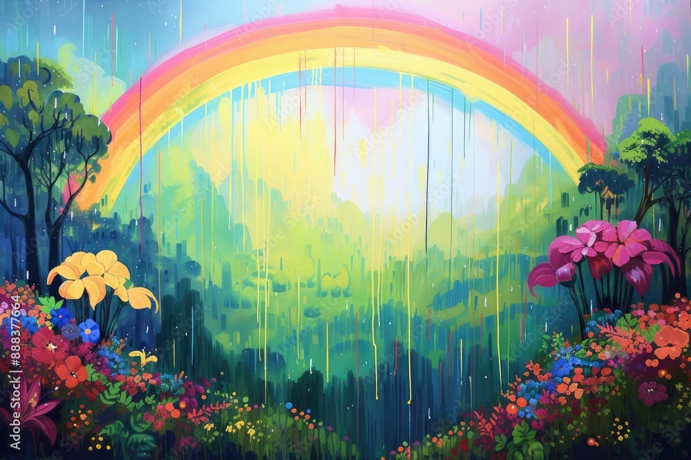 Aufkleber a rainbow over a green field with trees, vibrant rainbow arching over soft rainfall in lush green fi