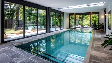 Obraz premium modern suburban farmhouse with an indoor swimming pool, featuring floor-to-ceiling windows that offer views of the garden and a retractable roof for sunny days