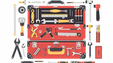 An extensive assortment of tools displayed in an open red toolbox, including screwdrivers, pliers, wrenches, and scissors, organized for easy access during various repair tasks.