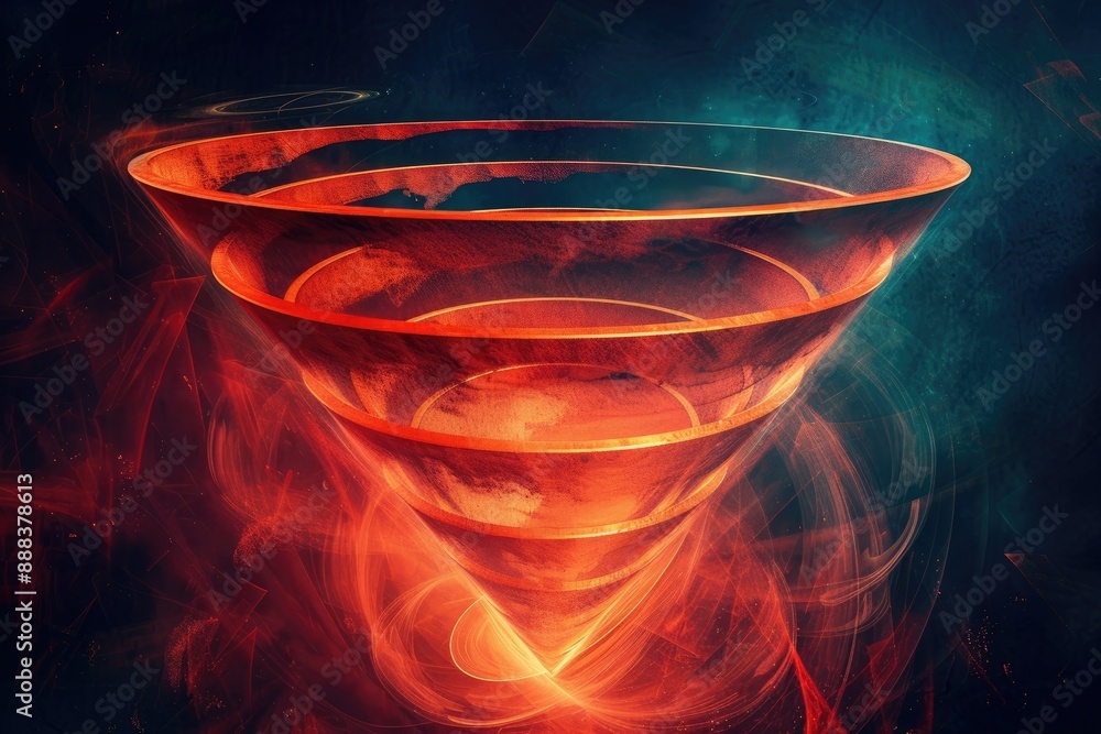 Poster a spiral vortex with a red and orange swirl, bold artwork of sales funnel displaying conversion proc