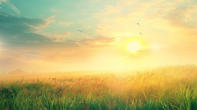 A vast, lush green field illuminated by the golden hues of a brilliant sunset. Birds fly in the sky, adding to the serene and expansive landscape. Nature at its finest.