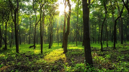 Obraz premium A beautiful depiction of a verdant forest where sunlight breaks through the dense canopy, casting a warm glow on the lush foliage and tall trees. Serenity and peace abound.
