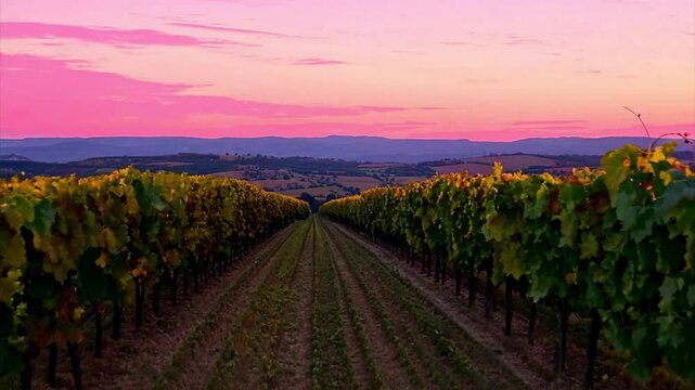 Drone flying up and over rows of grapes growing at a Napa vineyard at sunset.
