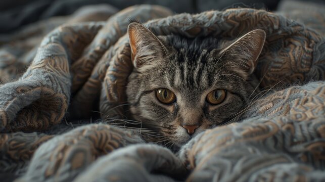 Adorable grey tabby cat on blanket with space for text