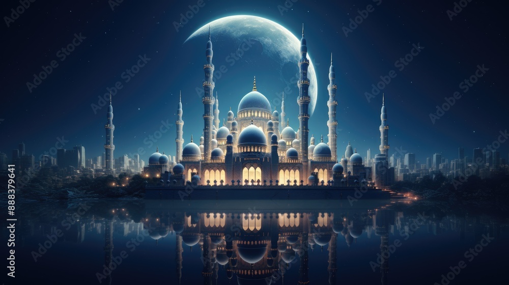Poster a large building with a moon in the background, design showing the intricate architecture of mosque 