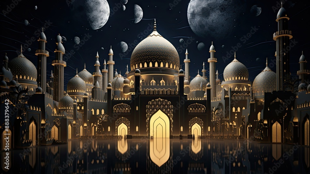 Poster a large building with a moon in the background, design showing the intricate architecture of mosque 
