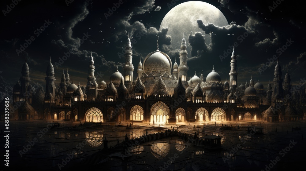 Poster a large building with a moon in the background, design showing the intricate architecture of mosque 