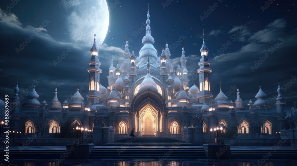 Poster a large building with a moon in the background, design showing the intricate architecture of mosque 
