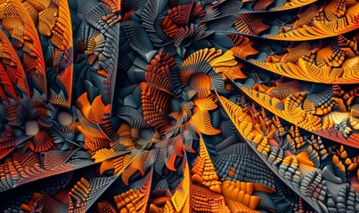 Digital art showcasing geometric patterns, complex textures and vibrant color palette