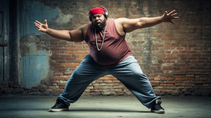 A dynamic image showing a large man in a dance movement, wide stance, arms out to the side, with a rough brick wall behind him