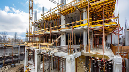Modern Concrete and Steel Building Construction Site on a Sunny Day