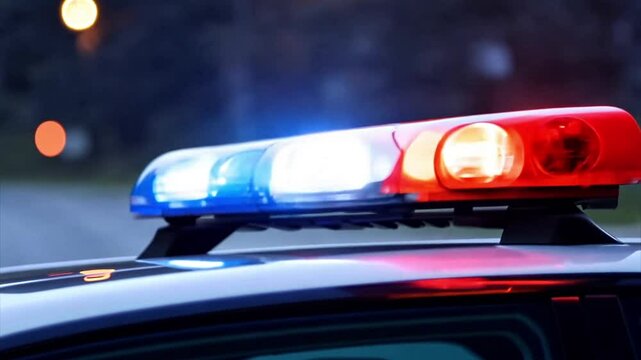 Police lights flashing on the top of a police car.