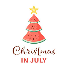 Christmas in July hand lettering quote with watermelon Christmas tree. Flat vector illustration template for summer holiday sales, typography poster, banner, sticker, shirt design,  packaging