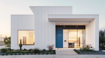 modern suburban farmhouse with a minimalist exterior, clean lines, and an all-white fa? section ade, complemented by a vibrant blue front door