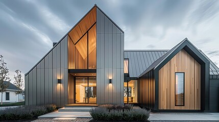 Obraz premium modern suburban farmhouse with an angular design, featuring contrasting light wood and dark metal panels