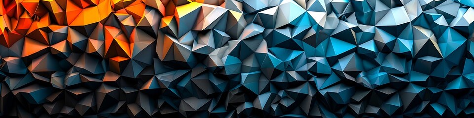 Abstract low poly shapes in blue, orange, and white on a dark black backdrop. High-detail 3D rendering for futuristic design.
