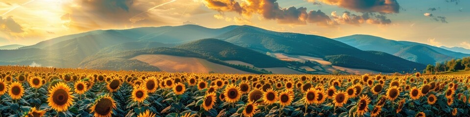 Fototapeta premium Mountain Sunflower. Agriculture Farming Panorama with Blooming Sunflowers on Beautiful Mountain Range Background