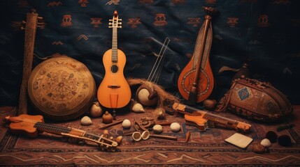 a carpet with a bunch of musical instruments, Traditional Arabic instruments laid out on vintage rug