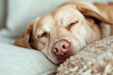 A dog sleeping on a couch with its eyes closed.