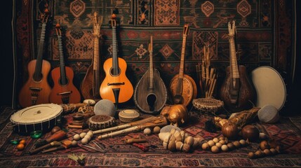 a carpet with a bunch of musical instruments, Traditional Arabic instruments laid out on vintage rug