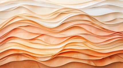 Obraz premium Abstract layers of orange, peach, and white paper stacked in a wave-like pattern, creating a visually pleasing texture and color gradient.